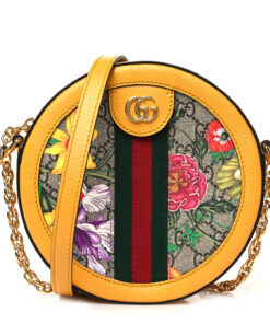 GG Supreme Monogram Flora Web Mini Ophidia Round Shoulder Bag Beige Multicolor Crop