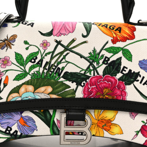 Balenciaga X GUCCI Canvas Boarded Plutone Calfskin Flora Logo Print Small Hourglass Top Handle Bag White Multicolor Black