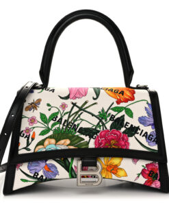 Balenciaga X GUCCI Canvas Boarded Plutone Calfskin Flora Logo Print Small Hourglass Top Handle Bag White Multicolor Black