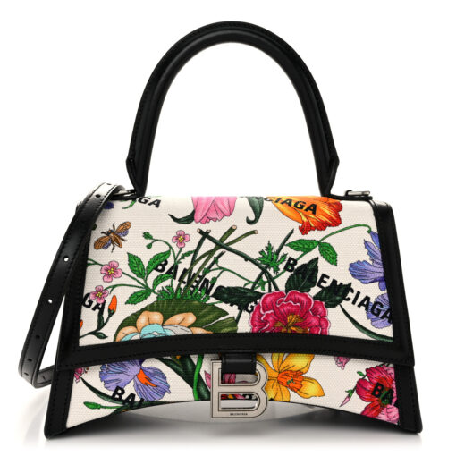 Balenciaga X GUCCI Canvas Boarded Plutone Calfskin Flora Logo Print Small Hourglass Top Handle Bag White Multicolor Black