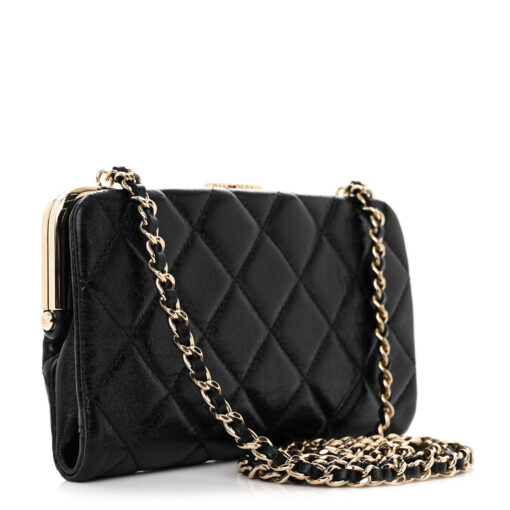 Lambskin Quilted Frame Clutch With Chain Black