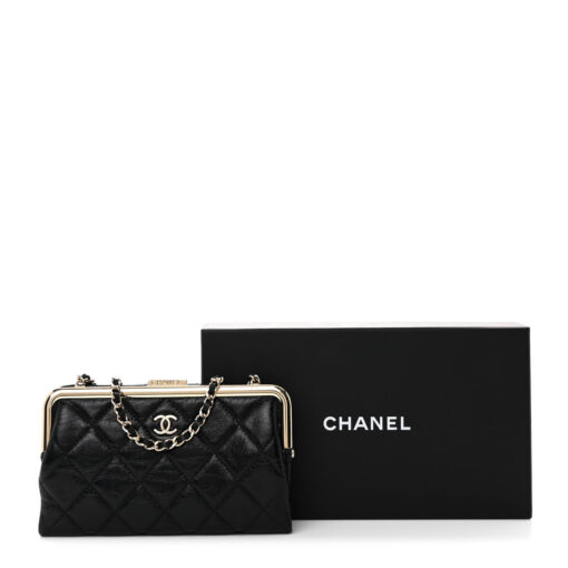 Lambskin Quilted Frame Clutch With Chain Black