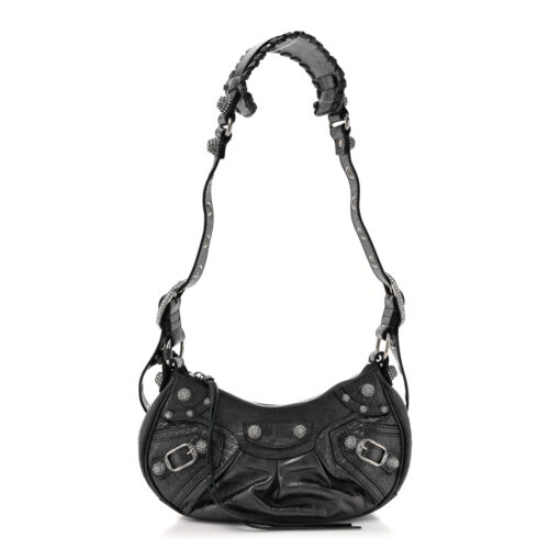 Metallic Calfskin Crocodile Embossed Crystal Le Cagole Shoulder Bag XS Gunmetal