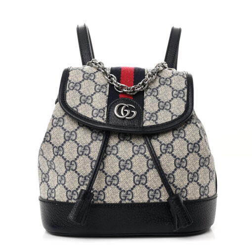 GG Supreme Monogram Textured Dollar Calfskin Web Mini Chain Drawstring Backpack Beige Blue Black