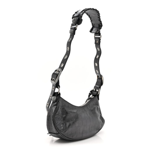 Metallic Calfskin Crocodile Embossed Crystal Le Cagole Shoulder Bag XS Gunmetal
