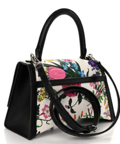 Balenciaga X GUCCI Canvas Boarded Plutone Calfskin Flora Logo Print Small Hourglass Top Handle Bag White Multicolor Black