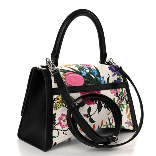 Balenciaga X GUCCI Canvas Boarded Plutone Calfskin Flora Logo Print Small Hourglass Top Handle Bag White Multicolor Black