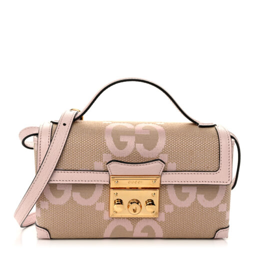 Monogram Jumbo GG Textured Dollar Calfskin Mini Padlock Top Handle Shoulder Bag Beige Perfect Pink