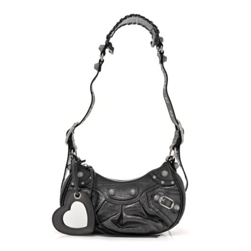 Metallic Calfskin Crocodile Embossed Crystal Le Cagole Shoulder Bag XS Gunmetal