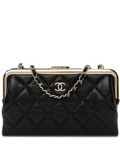 Lambskin Quilted Frame Clutch With Chain Black