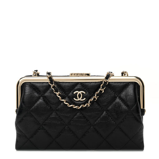 Lambskin Quilted Frame Clutch With Chain Black